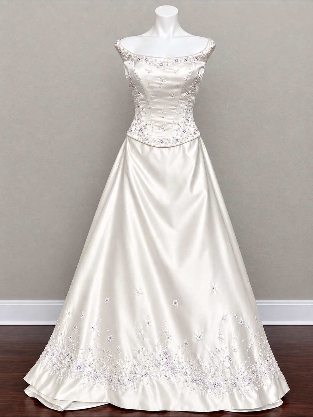 Off-Shoulder Ivory Satin Ball Gown with lavender flowers